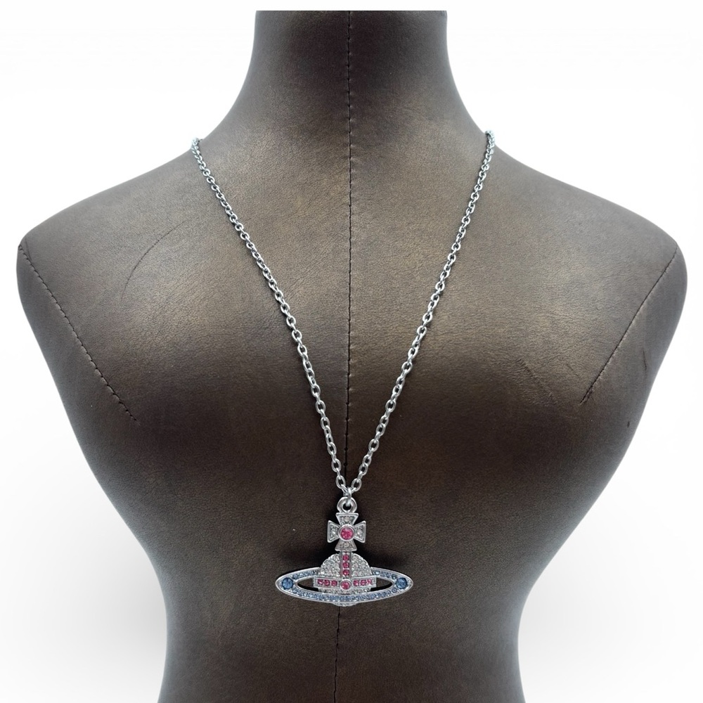 Vivienne Westwood Orb Crystal Pendant Necklace Silver Tone Pink Blue